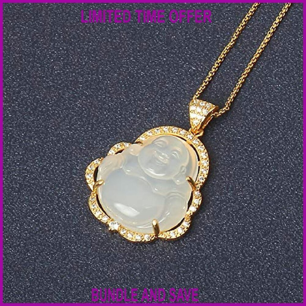Lucky Buddha Necklace 18K Gold Plated Cubic Zirconia Jade Pendant - Picture 3 of 8